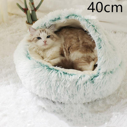 Round and semi-open plush cat bed, warm and soft