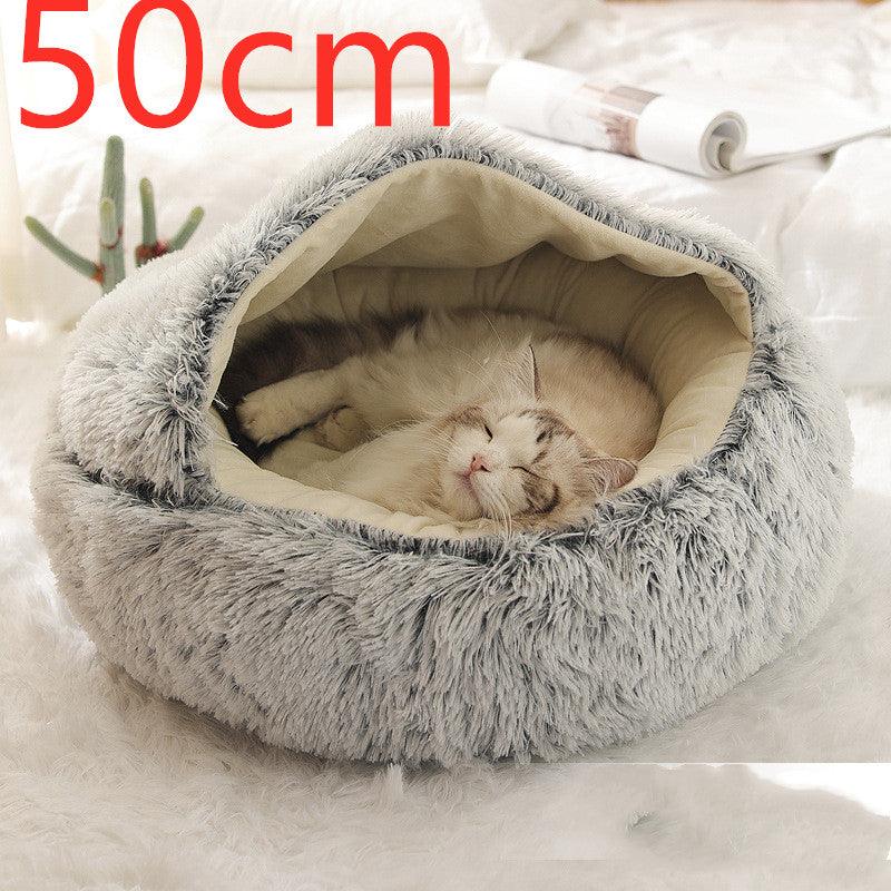 Round and semi-open plush cat bed, warm and soft