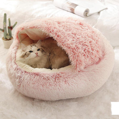 Round and semi-open plush cat bed, warm and soft