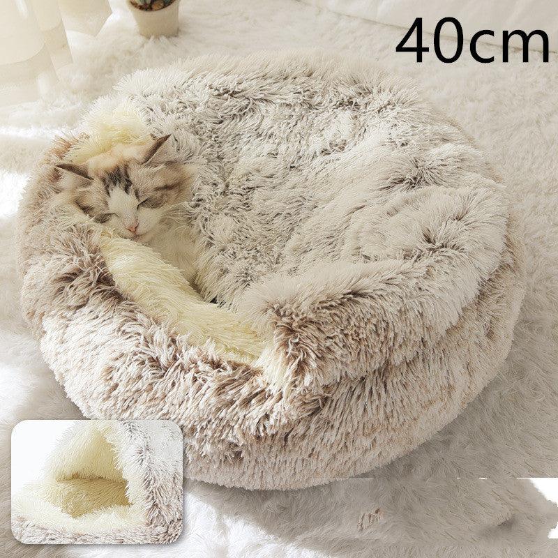 Round and semi-open plush cat bed, warm and soft