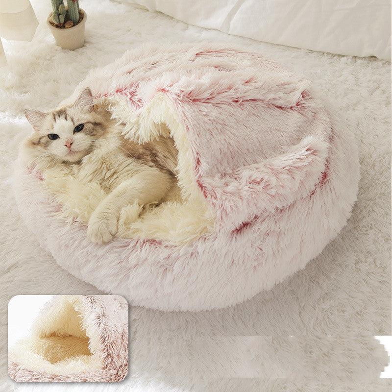 Round and semi-open plush cat bed, warm and soft