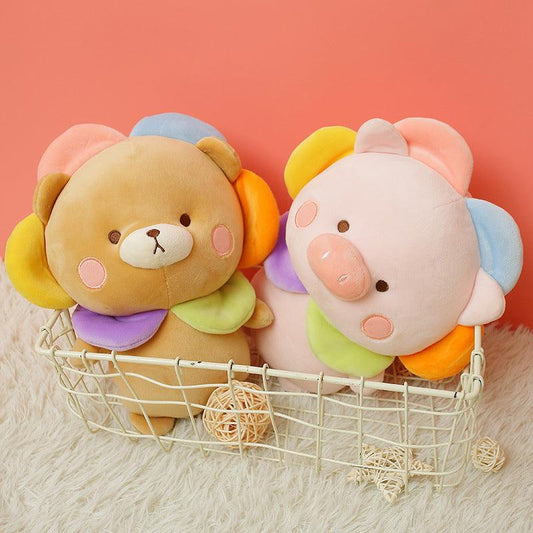 Poupées en peluche Kawaii Bear & Piggy avec de jolis chapeaux à fleurs