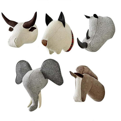 Plush doll elephant dog horse rhino buffalo head wall artwork decor