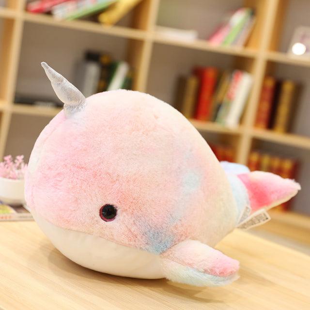 Oreiller en peluche baleine colorée et licorne