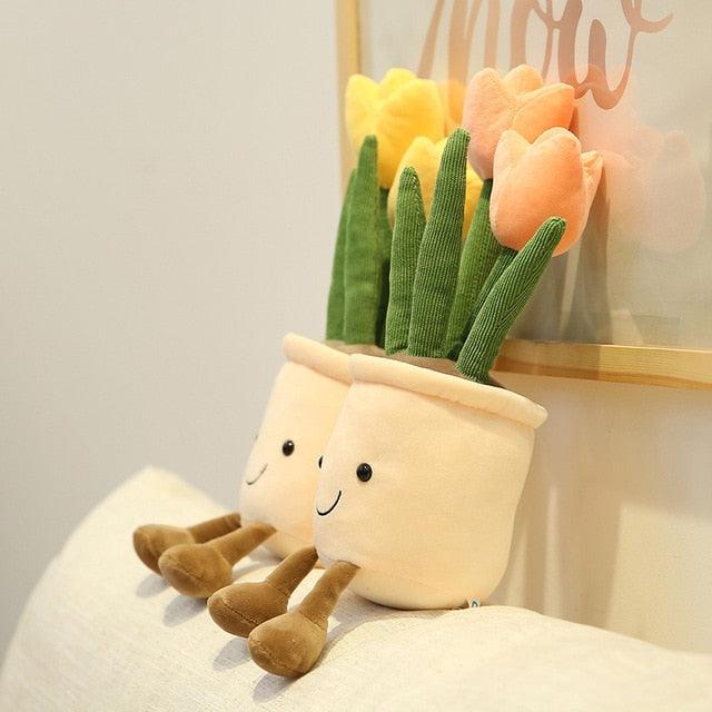 14" Simulation de fleurs de tulipes, Plantes en pot créatives Jouets en peluche