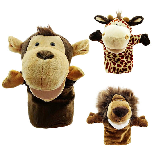 Marionnettes animales (lot de 3) Girafe, Lion et Singe (grandes bouches mobiles)