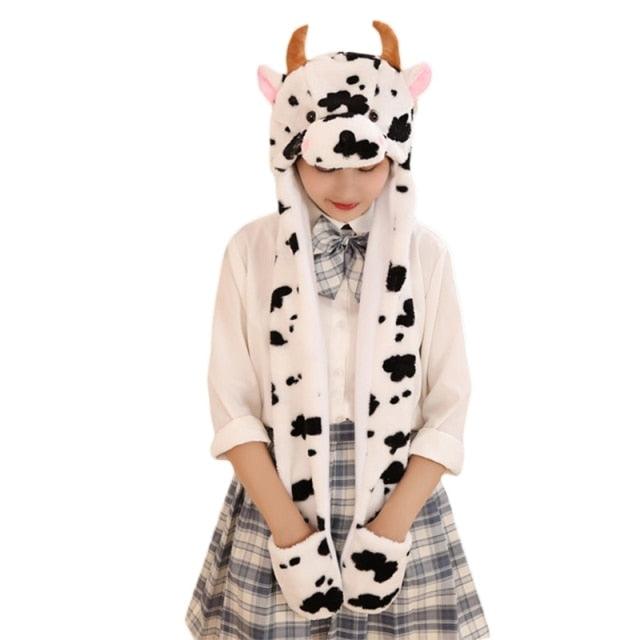 Cow Plush Hat with Movable Ears Winter Plush Ear Cap